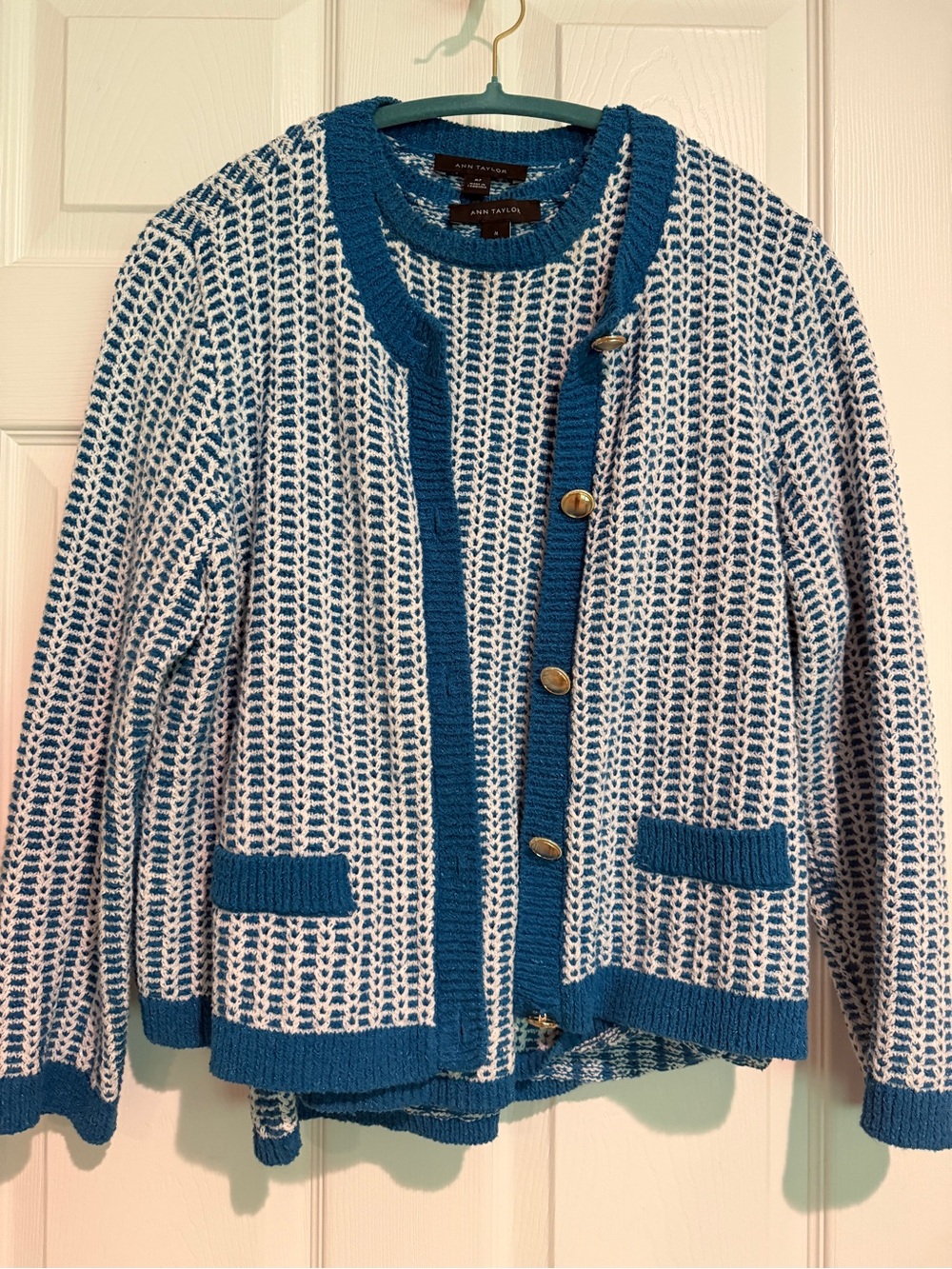 Ann Taylor Blue & White Contrast-Trim Knit Cardigan